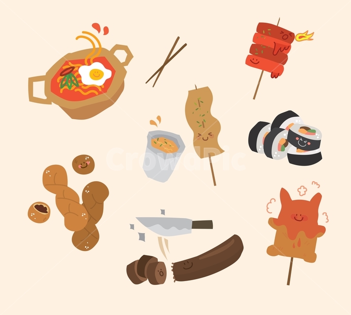 분식,한식,길거리음식,스트리트푸드,분식집,라면,떡꼬치,오뎅,어묵,김밥,꽈배기,찹쌀,도넛,찹쌀도넛,순대,돈까스,꼬치,식칼,캐릭터,표정,일러스트,귀여운,손그림,벡터,디자인소스,음식,그래픽,일러스트레이션,graphic,illustration