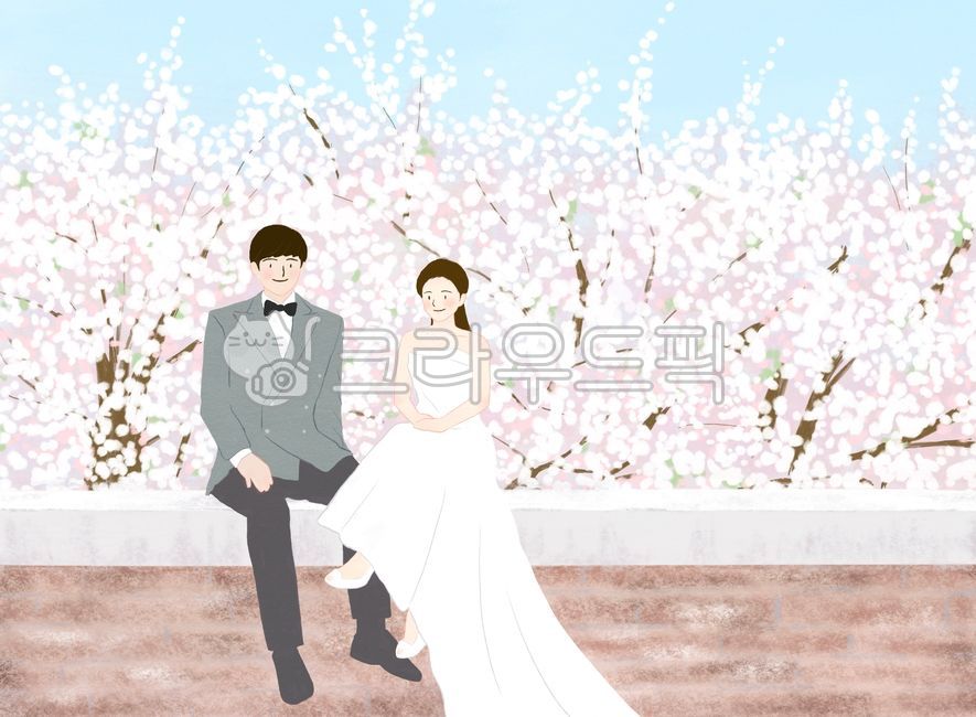 bride,love,dress,couple,wedding day,petals,spring,spring flowers,happiness,marriage,wedding,wedding picture,wedding dress,groom,tuxedo,wedding photography,flower,wedding illustration,newlyweds,cherry blossom,wedding invitation,fence