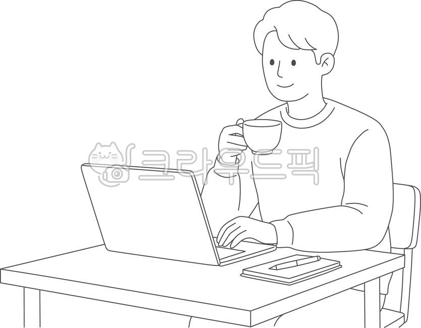 카페,사무직,직장,업무,근무,자율직,프리랜서,부업,재택근무,디지털노마드,site,laptop,노트북,컴퓨터,커피,라인일러스트,일러스트도안,인물도안