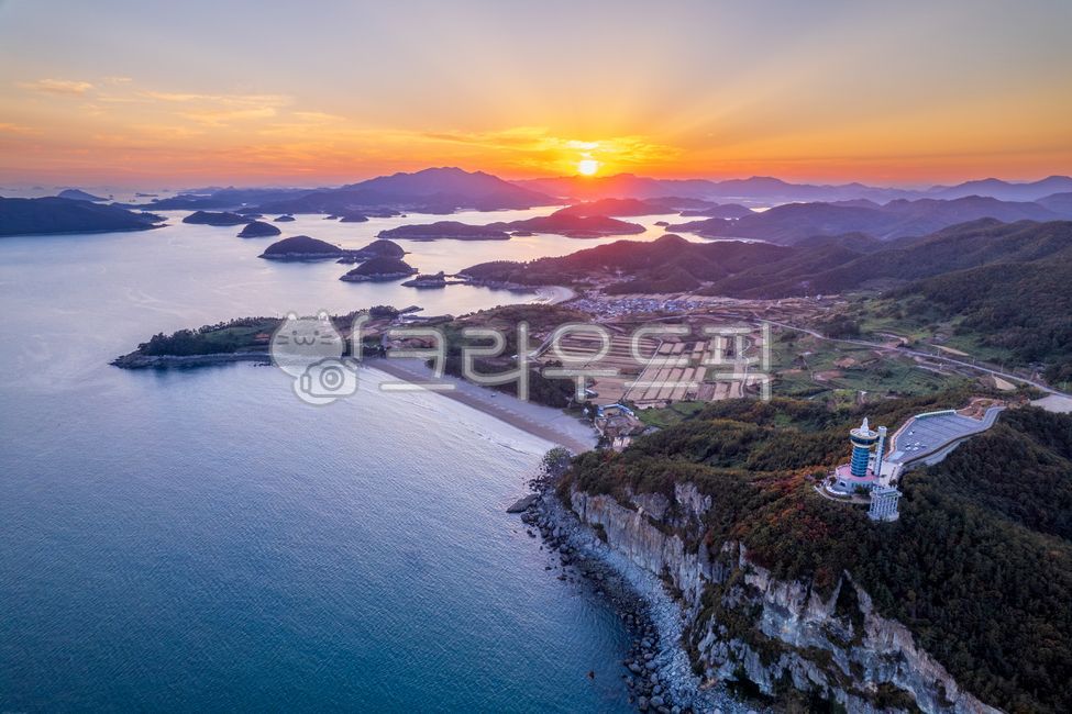Goheung Space Launch Observatory,observatory,tower,architecture,building,sky,tourist attraction,outdoor,water,sea,Jeollanam-do,Goheung-gun,Goheung,Korea,aerial photography,high angle,dawn,morning,evening,sunrise,sunset,glow,sunset,t