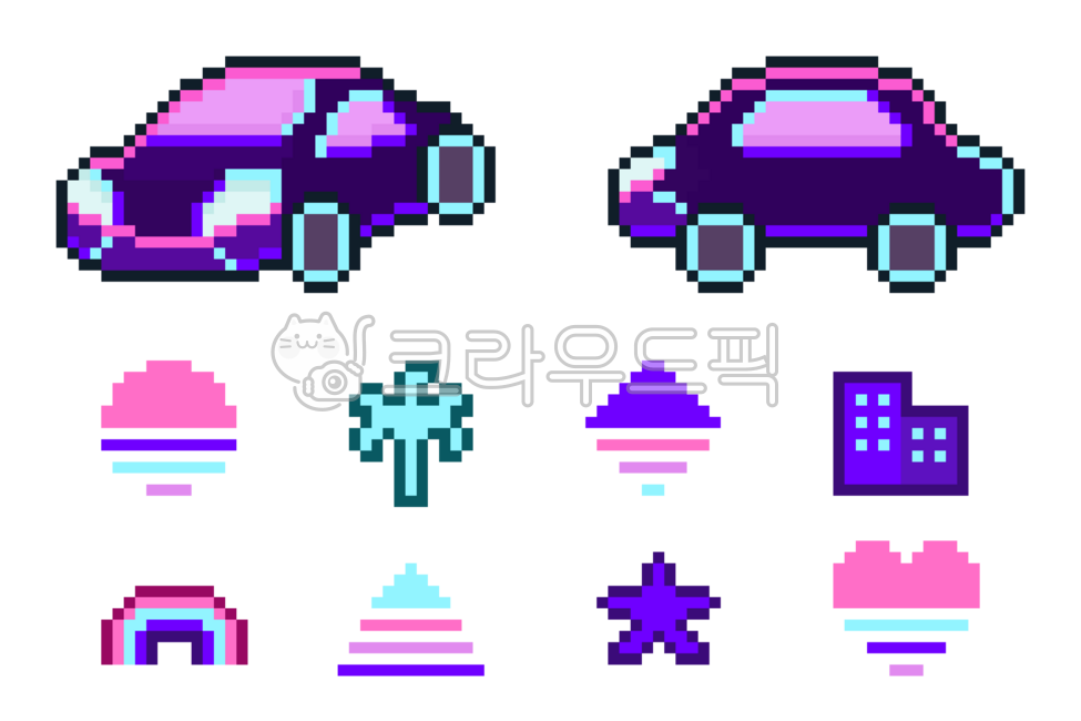 Car,Cyberpunk,Neon,Fluorescent,Synthwave,80s,Retro,Colorful,Light,Sun,Palm Tree,Building,Rainbow,Star,Heart,Pixel,Pixel Art,Dot,8-bit,Game,Retro,Cute,Icon,Set