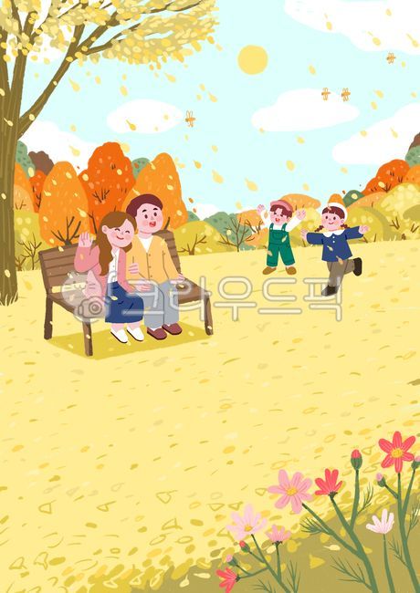 가을,일러스트,가족,나들이,손그림,낙엽,코스모스,공원,의자,어린이,부부,캐릭터,나무,들판,하늘