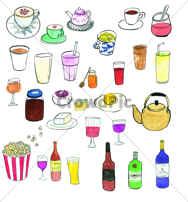 손그림,물감그림,handdrawing,watercolor,cofffecup,커피잔,차,레몬차,lemontea,팥빙수,patbingsu,꿀,honey,adzukibeanicedessert,tea,팝콘,popcorn,와인,wine,맥주,beer,와인잔,wineglass,막걸리,makgeolli,raw,ricewine,음료,drink,beverage