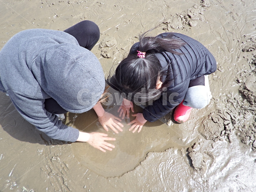 갯벌,소녀,언니와동생,가족,진흙장난,사람,인물,인간,human,person,어린이,어린아이,child,children,kid