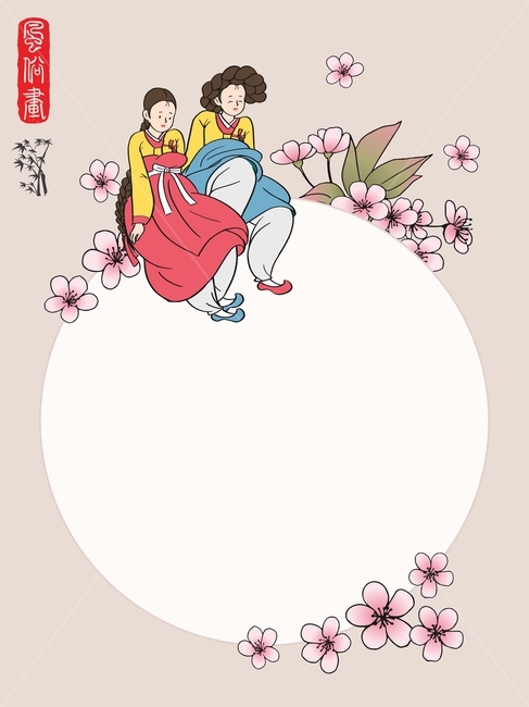 한국화,풍속화,전통화,전통,수묵화,민화,민속화,한복,여성,여자,소녀,graphics,illustration,vector,벡터,old,circle,배너,포스터,poster,banner,초대장,꽃,flower,floral,빈티지,벚꽃,cherryblossom,원,미술,art,한국전통,한국문화,korean traditional,korean culture,그래픽,일러스트레이션,graphic,illustration