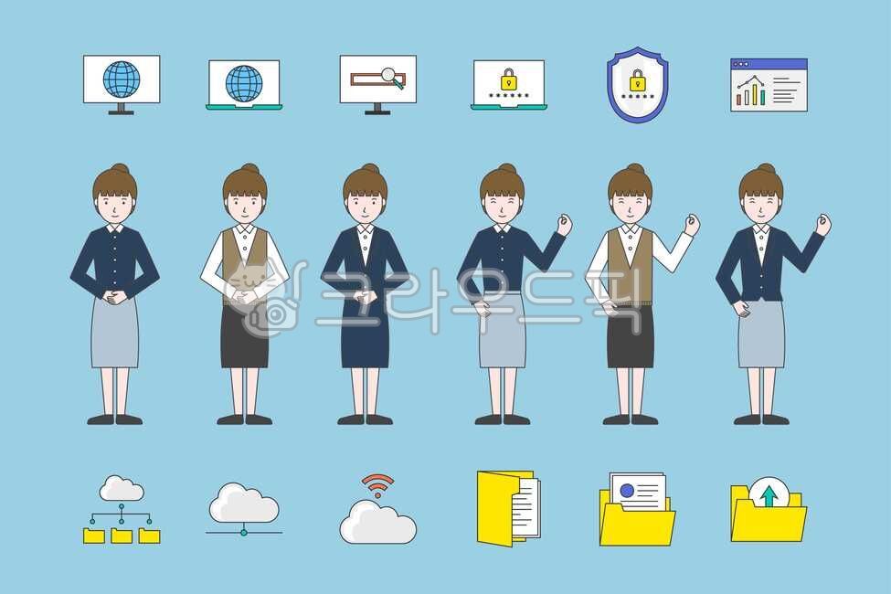 Illustration,upload,organization chart,office,laptop,white collar,cloud,password,character,drawing,action,lock,businesswoman,female,worker,wifi,pose,work,graph,office worker,folder,person,suit,internet,object,shield,woman,young,icon,global,gesture,compute