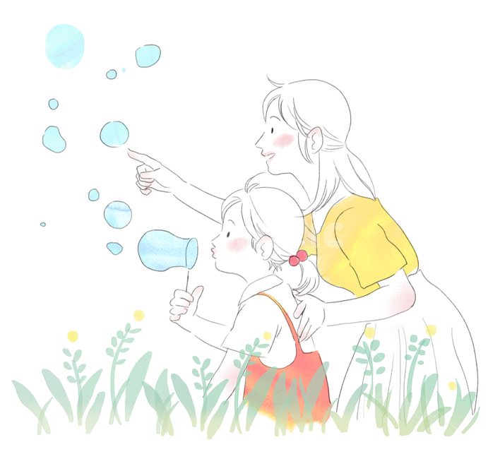 풀밭,꽃밭,비눗방울,엄마,딸,행복,가족,가정의달,라인일러스트,사람,인물,인간,human,person,가족,패밀리,family,그래픽,일러스트레이션,graphic,illustration