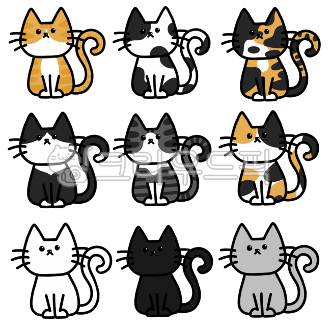 고양이,일러스트,젖소,삼색,고등어,치즈,턱시도,카오스,올화이트,올블랙,그레이,회색,디자인,심플한,귀여운,캐릭터,손그림,고양이일러스트