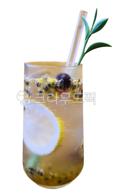 백향과에이드,음료,얼음,레몬,나뭇잎,빨대,누끼,열매,컵,시원한