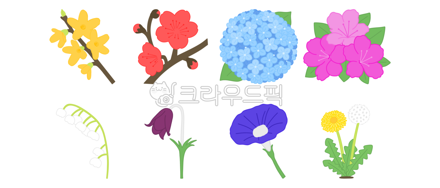 Flowers,spring,petals,plants,forsythia,plum blossoms,hydrangeas,azaleas,lilies of the valley,pasqueflowers,morning glories,dandelions,drawings,illustrations,design,illust,illustration,png,flower collection,botanical garden,Arbor Day,s