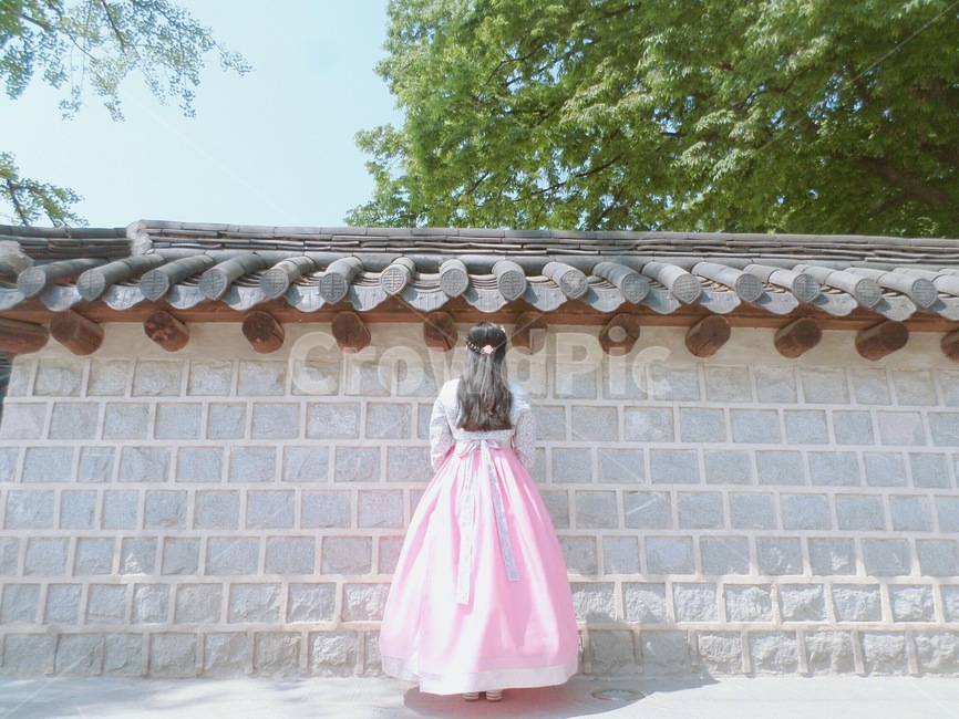 한옥,전통,한옥마을,뒷모습,긴머리,한복,분홍한복,맑은날,전주
