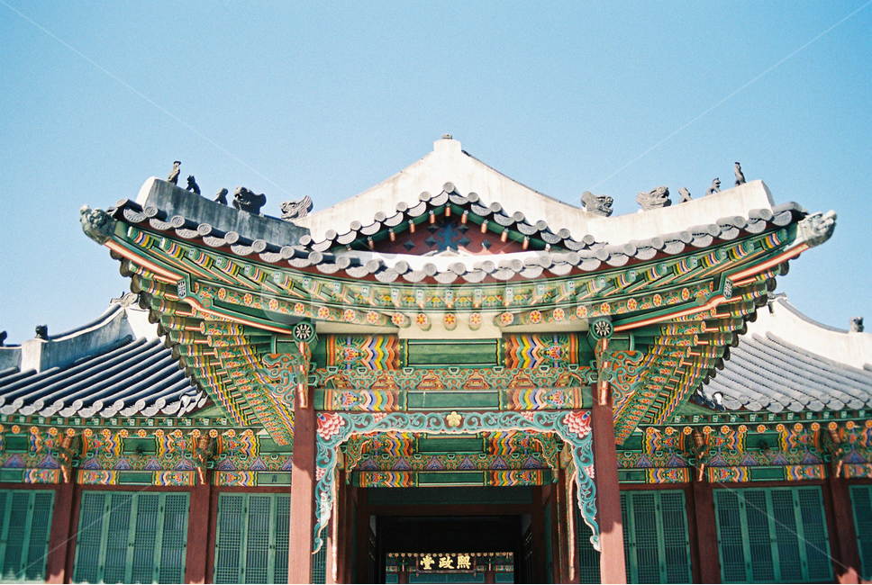 고궁,정면,전통,한국적,필름,지붕,단청,풍경,창덕궁