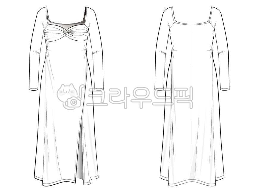 도식화,의류도식화,패션도식화,원피스,긴팔,여성복,드레스,드레스도식화,꼬임,꼬임디테일