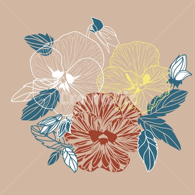 꽃,flower,부케,봄,spring,floral,벡터,vector,자연,background,배경,파란색,blue,pansy,팬지,꽃봉오리,잎,노란색,흰색,갈색,yellow,brown,white,line,선,그래픽,일러스트레이션,graphic,illustration
