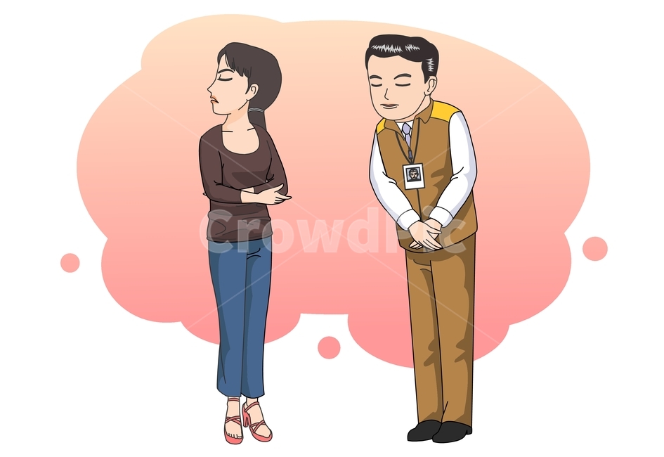 일러스트,벡터,이미지,핸드드로잉,드로잉,아트,만화,클립아트,그래픽,디자인,상황,상황그림,상업미술,일러스트레이션,직원교육,교육,삽화,캐릭터,상황컷,서비스,고객응대,남자,여자,서비스기사,as기사,주부,아줌마,as센터,청구,고객만족,만족,남녀,방문,분쟁,가방,person,사람,human,인간,상담,요구,요청,수리,딴청,불만족,팔짱,공손,허리굽힘,친절,진상,진상고객,그래픽,일러스트레이션,graphic,illustration
