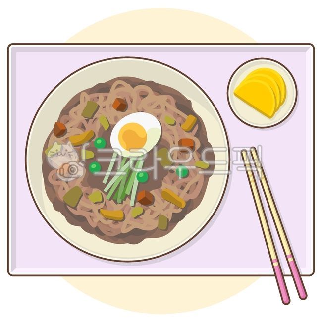 짜장면,자장면,짜장라면,단무지,차림,식사,젓가락,식품,음식,한국음식,달걀,계란,토핑,짜장,조리예,일러스트