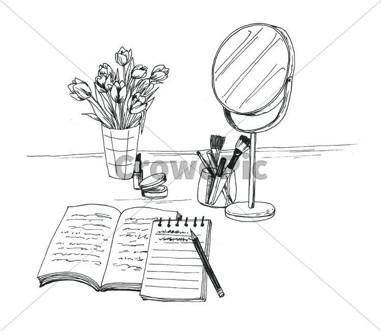 꽃,flower,bloom,blossom,blow,펜그림,펜라인,책,book,거울,mirror,화병,vase,연필,pencil,노트,notebook,화장,makeup,손그림,그래픽,일러스트레이션,graphic,illustration