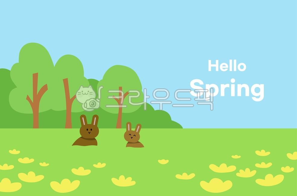 봄,계절,들판,토끼,화창한,배경,풍경,봄날씨,나무,풀밭,꽃,spring,하늘,일러스트,그림,봄맞이