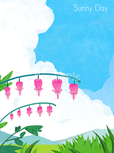 sky,cloud,Postcard,wildflowers,vintage,retro,bleeding heart,oil paint,flower