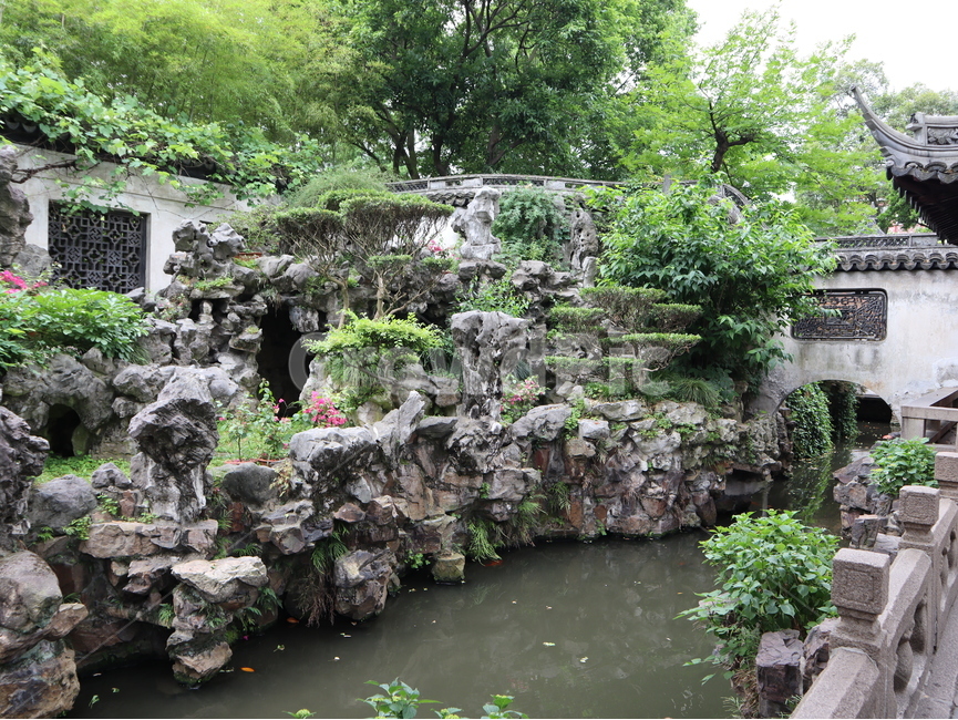 상하이,예원,연못,나무,건축물,돌,정원,outdoors,옥외,shanghai,pond