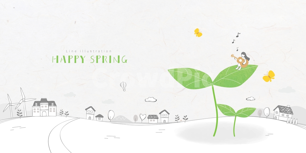 새싹,여자,소녀,기타,나비,봄,마을,집,감성,백그라운드,배경,봄,계절,spring,season,그래픽,일러스트레이션,graphic,illustration