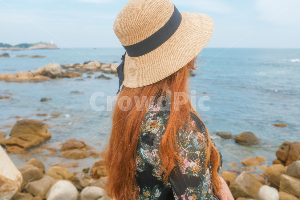 바다,모자,사람,인간,여자,의류,clothing,감성,sunhat,hat