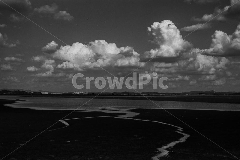 바다,갯벌,갯골,썰물,구름,하늘,바닷물,물길,풍경,자연,weather,날씨,nature,cumulus,적운,outdoors,옥외,cloud,sky