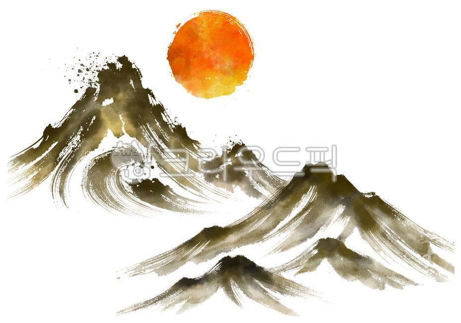 수묵화,산수화,한국화,동양화,먹,물감,물감번짐,수채화,붓터치,손그림,흑백,산,하늘,구름,자연,흐린,번짐효과,브러시,브러시터치,수채화배경,수묵화배경,번짐,색번짐,붓,먹물,풍경,아웃도어,배경,흰색,흰바탕,누끼,먹그림,배경이미지,일러스트,해,태양,일출,일몰