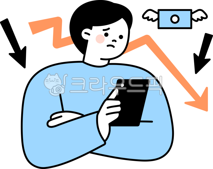 외곽선,귀여운,심플,단순한,일러스트레이션,주식,스톡,데이터,분석,금융,재테크,마켓,주식시장,화살표,내리다,내려가다,하락장,하락,날아가다,잃다,핸드폰,휴대폰,폰,모바일,슬픈