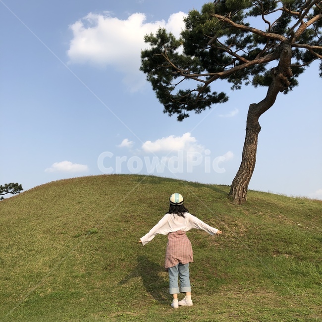 여행,자유,헬멧,잔디,나무,하늘,경주,자유로운모습,여자,뒷모습