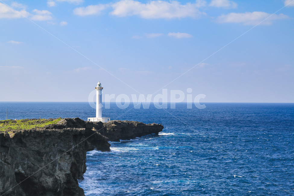 tide,blue sky,japan,Lighthouse,peaceful,wave,cloud,beautiful,Janpa Lighthouse,Beach,sight,Zanpa Park,park,sky,Cape Janpa,coastline,Cliff,nature,white clouds,horizon,ocean,blue,Okinawa,waterfront,coastal cliffs