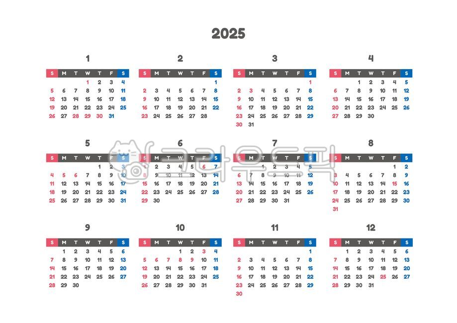 2025,2025년,달력,캘린더,달력파일,연간,월간,월별,12개월,전체,탁상용,벽걸이,플래너,파일,다이어리,계획,계획표,일정,일정표,a4,다꾸,꾸미기,스케줄,스케줄표,휴일,평일,일요일,공휴일,주말,쉬는날,표시,귀여운,심플,planner,journal,calendar,schedule,printable,파란색,컬러,빨간색,블루,파랑,빨강,검정색,검정,블랙,회색,그레이,jpg,jpeg,흰색,배경,백그라운드,가로