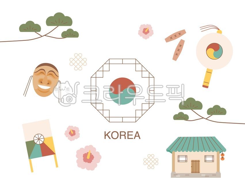 Cute,simple,plain,illustration,holiday,Korea,tradition,item,cow,tile-roofed house,pine tree,Hahoe mask,kite flying,Rose of Sharon