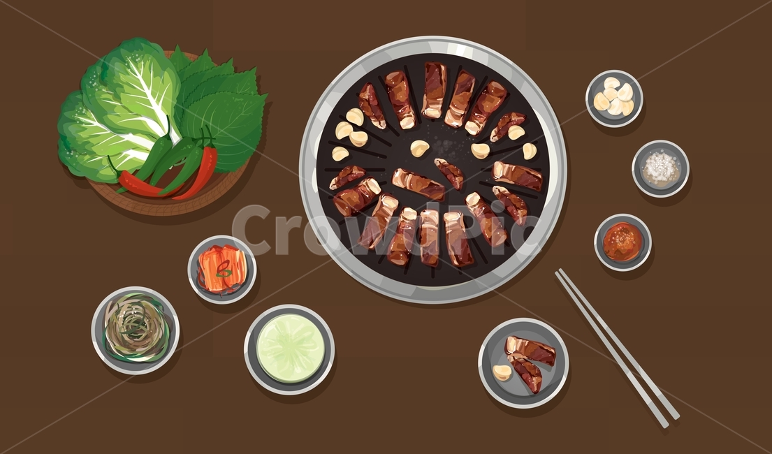 삼겹살,고기,구이,목살,바베큐,한국,한국식,bbq,불판,쌈채소,쌈,젓가락,음식,돼지,돼지고기,쌈장,김치,반찬,쌈무,마늘,맛있는,식사,일러스트,벡터,디자인소스,식당,요리,음식,식재료,요리,food,cook,meal,dishes,food reserves,그래픽,일러스트레이션,graphic,illustration