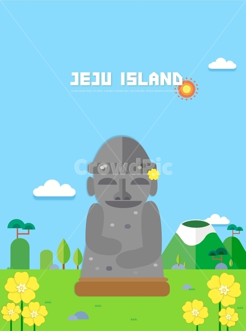 유채꽃,돌하르방,하늘,구름,한라산,산,봄,여행,나들이,휴가,이벤트,제주도,jeju,jeju island,그래픽,일러스트레이션,graphic,illustration