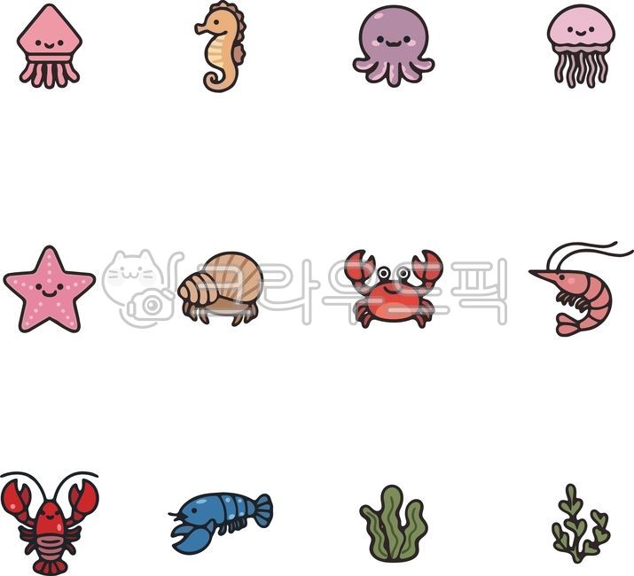 해양생물,오징어,해마,문어,해파리,불가사리,소라게,꽃게,새우,랍스터,미역,해초,아이콘모음,캐릭터,삽화