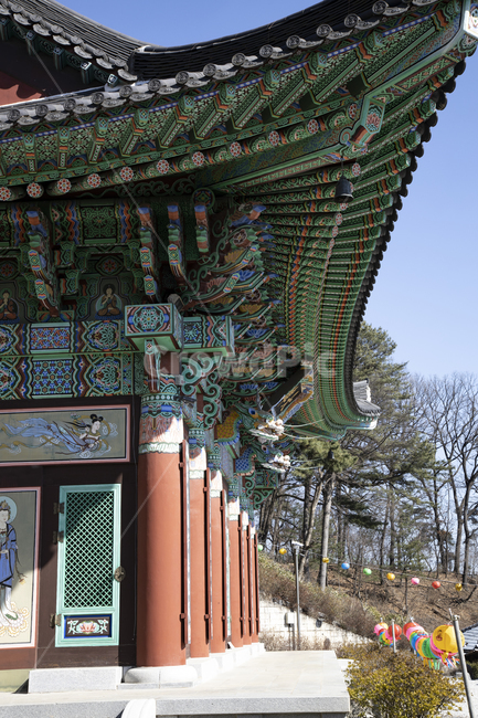 건물,산업,종교,전통,무늬,집,지붕,기와,한옥,한국,문화,고건축,아시아,오래된,한국적인,역사,아시안,동양적인,앤티크,모던함,실외,외관,기둥,처마,대들보,절,단청,나무,사찰,풍경,대웅전,벽화