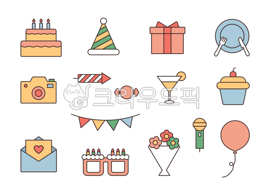Cute,simple,plain,illustration,party,yowum,item,icon,cake,cone-shaped hat,gift,food,plate,camera,candy,cocktail,cupcake,letter,celebration,bouquet,glasses,birthday,balloon,microphone