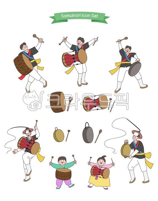 사물놀이,전통,음악,연주,악기,장구,북,꽹과리,징,무대,공연,축제,민속,한국,문화,국악,소리,리듬,춤,아동,캐릭터,아이콘,일러스트,전통복,한복