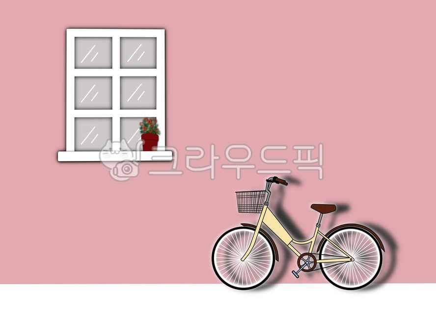 자전거,창문,화분,식물,교통수단,일러스트,바구니,그림자,벽,카피스페이스,엽서,카드,편지지,여백,공백,감성