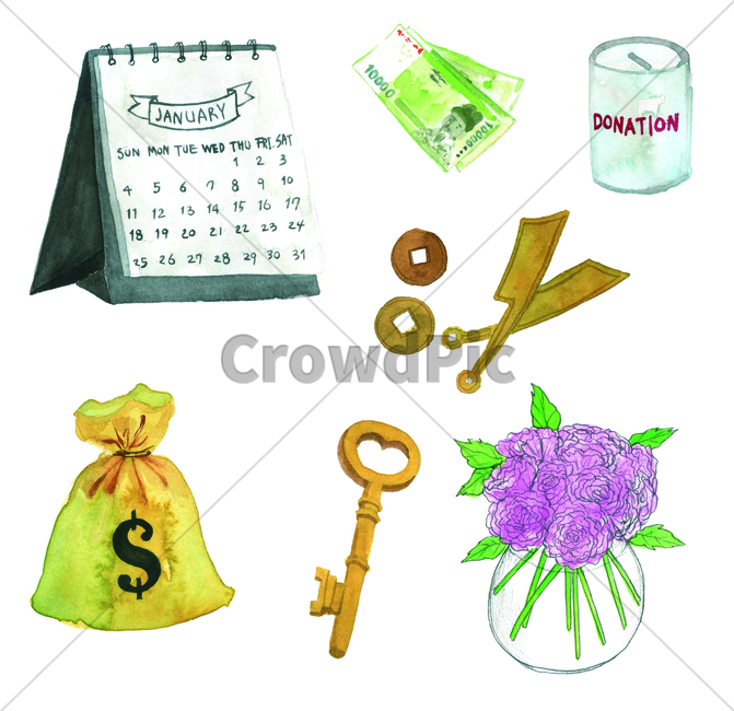 손그림,물감그림,handdrawing,watercolor,달력,calendar,돈,열쇠,key,money,화병,flowervase,꽃,flower,bloom,blossom,그래픽,일러스트레이션,graphic,illustration