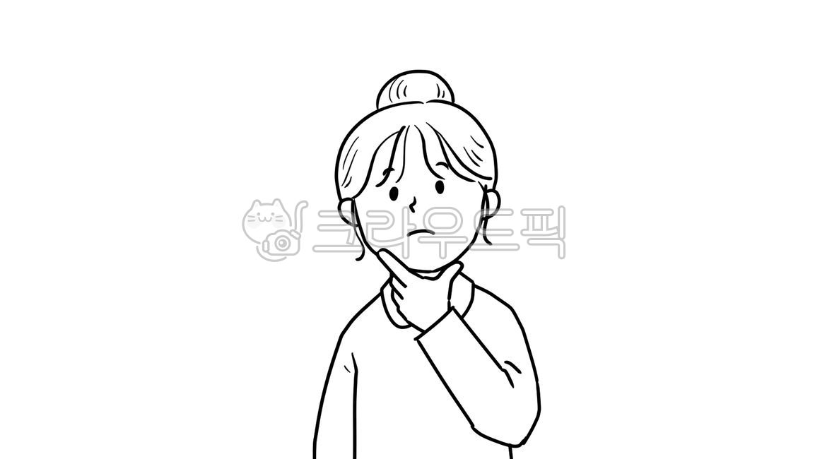 여자,캐릭터,삽화,설명,정면,소녀,심플,라인,그림,일러스트,여자아이,의문,글쎄,생각,고민,똥머리,표정,걱정