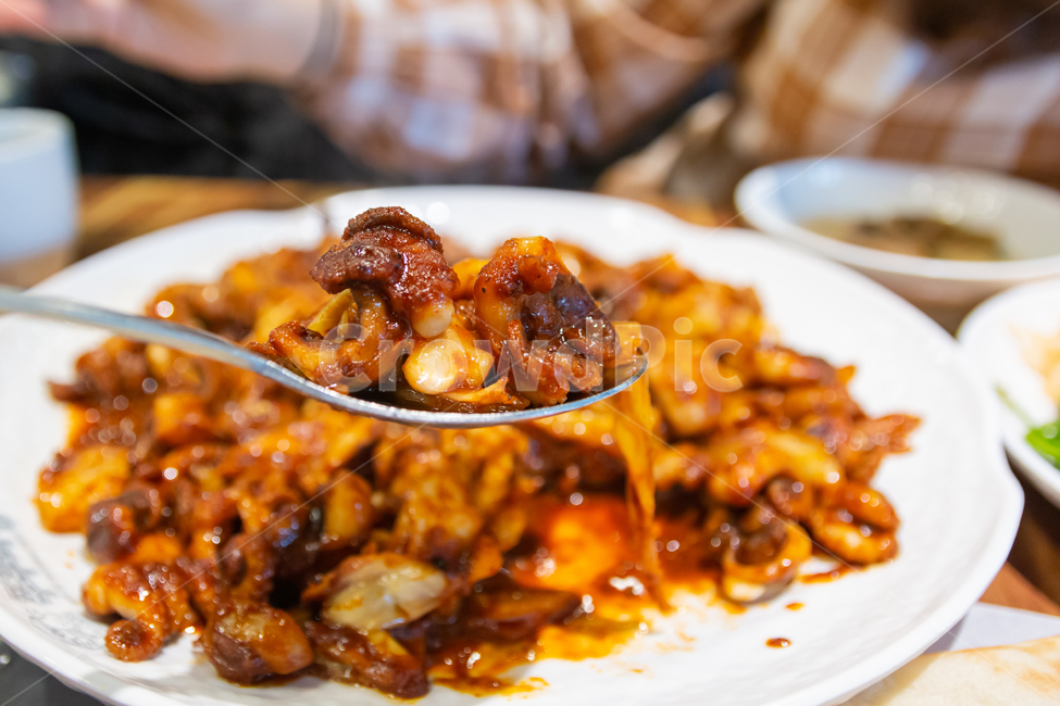 매콤한,쭈꾸미,쭈꾸미볶음,매운,양념,매운양념,한국요리,요리,식사,숟가락,맛있는,음식,먹을것,매운맛,안주,술안주,외식,접시