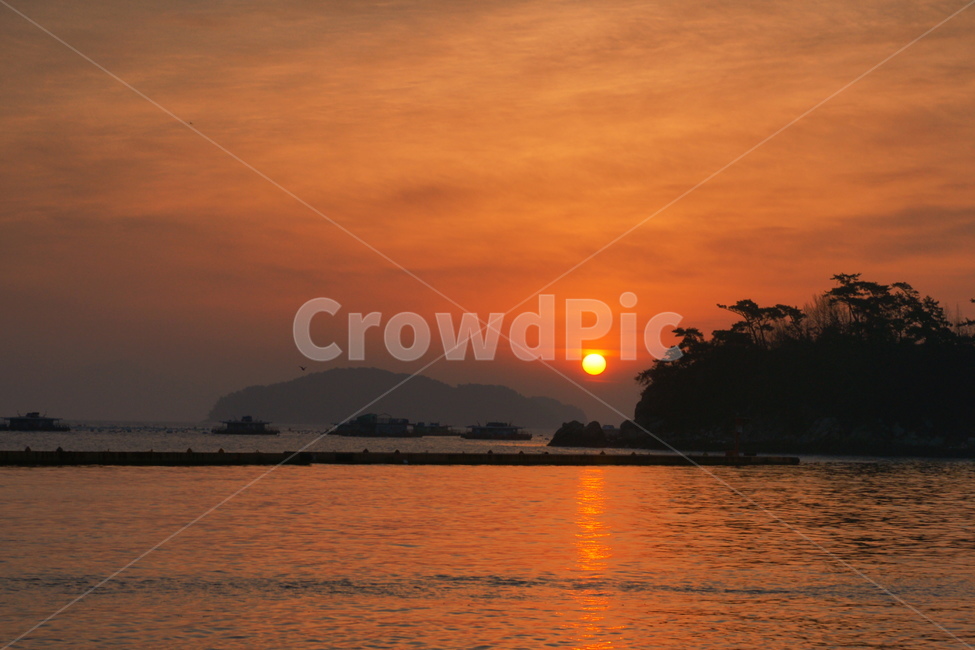 tide,pine tree,ocean,sight,Sunrise,fishing boat