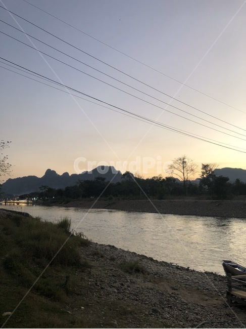 라오스,강,노을,전깃줄,river