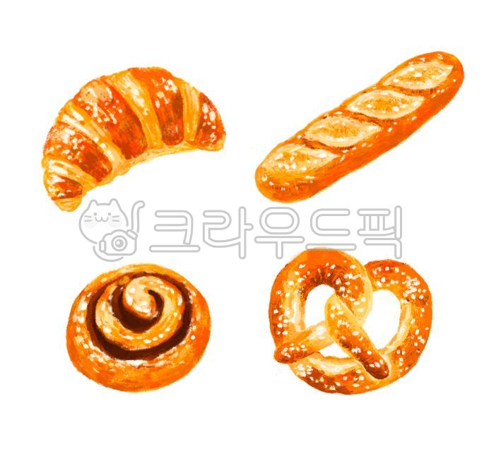 Croissant,baguette,cinnamon roll,pretzel,bakery,baking,bread,bakery,bread illustration,food