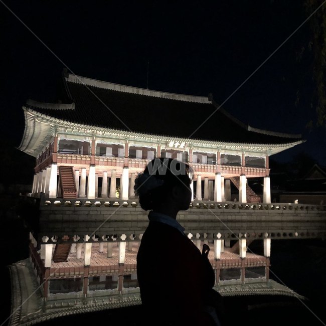 야경,호수,경복궁,한복,옆모습,전통,한국전통,궁,여자,데칼코마니,밤,한복,한국전통의상,hanbok,korean traditional clothes,사람,인물,인간,human,person,여성,여자,woman,female,lady