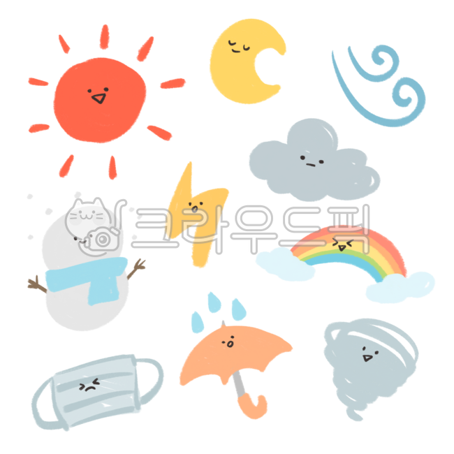 Goodnote png,sun,cloud,colored pencil illustration,rainbow,cute illustration,weather icon,fine dust,yellow dust,snowman,rain,snow,wind,lightning,mask,umbrella,tornado,cute weather,emotional weather,weather character,weathericons,cutew