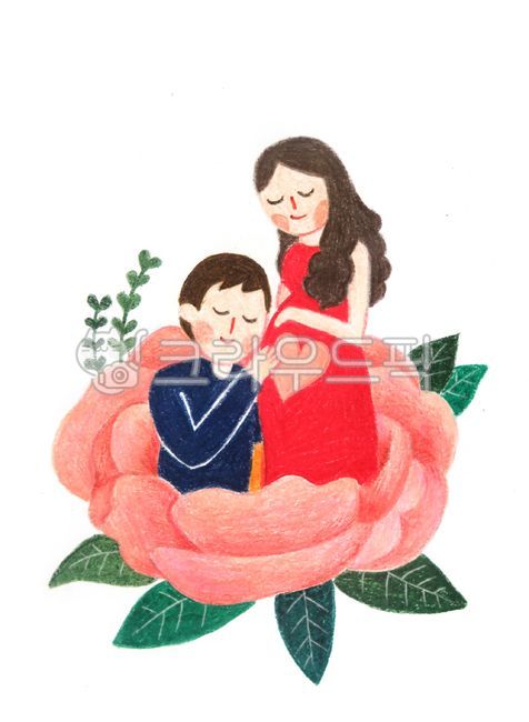 delivery,flower illustration,pregnancy,pregnant woman,Colored pencil illustration,baby,married couple,husband,Emotional illustration