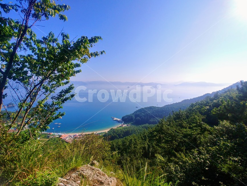 하늘,해,산,바다,해수욕장,나무